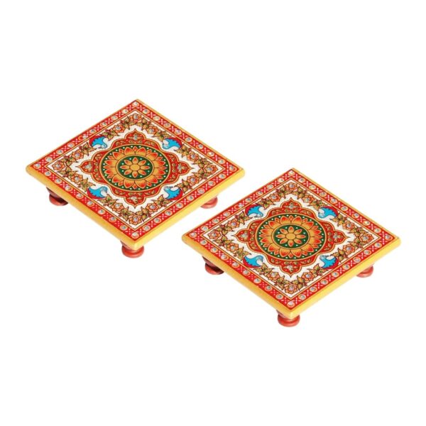 Handicrafts Paradise (4 x 4 inch, Set of 2Pc) Intricate Floral Painted Marble Chowki (Multicolour) Idols Statues Pratima, Bajot for God, Home Mandir, Home Décor Showpiece