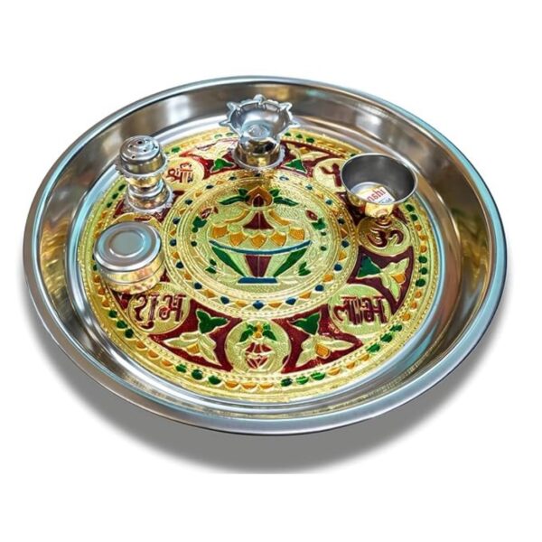 Pooja Thali Meenakari Stainless Steel 11 Inch Traditional Decorative Aarti Plate for Home Temple Mandir Use Festival Pooja Diwali Navratri Karwa Chauth Religious Gift Item Durable