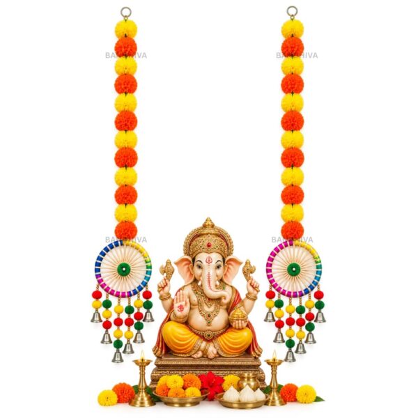 Marigold Flower Bell Latkan Pack of 2, Artificial Genda Phool Hangings for Door, Temple, Wall & Pooja Room Decoration, Diwali, Ganesh Chaturthi, Navratri & Wedding Decor Items