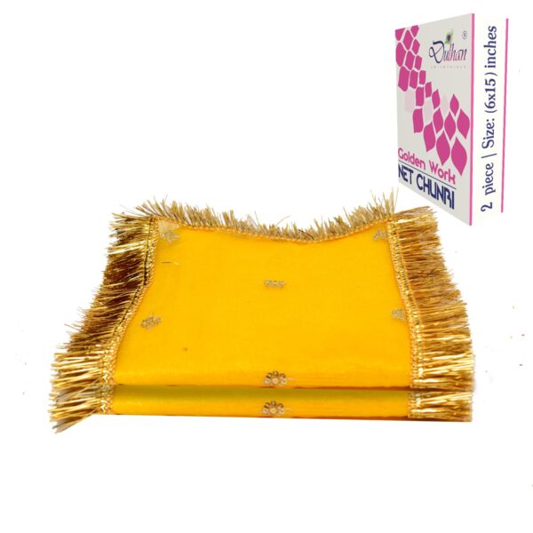 Yellow MATA Rani Chunri | Set of 2 | Soft Net Chunari with Golden Embroidery & Border | 0.4 mtr Long | Pooja Chunri for Durga, Lakshmi & Saraswati Special Navratri Puja Chunri | MATA Chunri