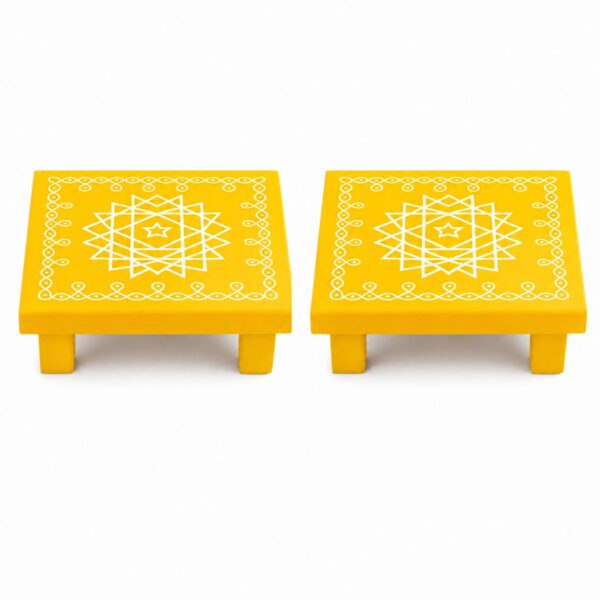 Wooden Pooja Chowki | Small Manai with Kolam Design for Diya, Idols & Pooja Items | Yellow Colour Wooden Base for Mandir | 3-inch Mini Pooja Stand (Handcrafted)-Pack of 2 (Yellow)