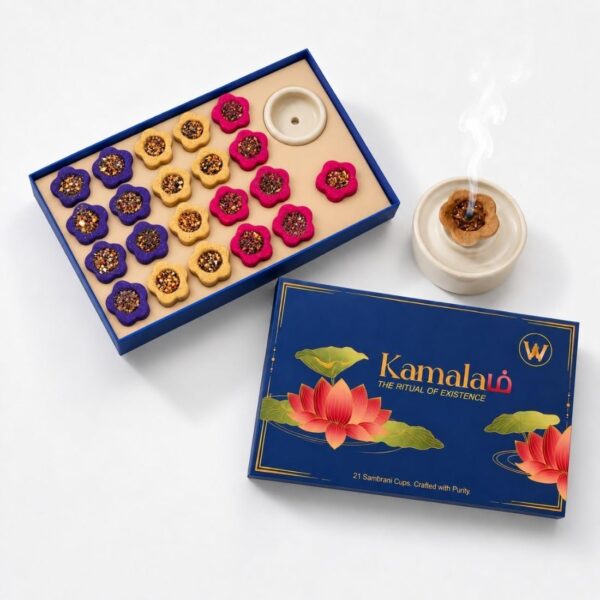 TwoHands Kamalam Sambrani Dhoop Cups for Pooja (21 Cups) | 3-in-1 Lavender, Sandalwood & Rose Fragrance | Charcoal Free Havan Dhup Cups | Cup Dhoop for Puja & Festivals | Ceramic Holder Included