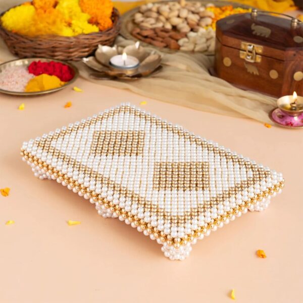 Pooja Chowki | Navratri Gifts for Kanya | Return Gifts for Wedding, Housewarming & Pooja, Mandir Stand for Kalash & God Idol, Navratri Pooja Items, Handcrafted Gift for Women (Rectangle 8X4 INCH)