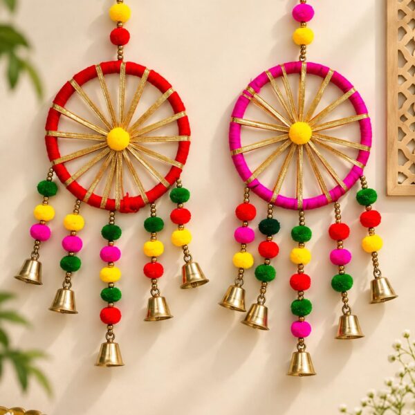 Colorful Pom Pom Ring Bell Wall Door Hanging Toran for Home Decor,Door Hanging Decorative Items,Pooja Room Decoration Items,Decor Items for Ganpati, Navratri & Diwali Home Decoration Items Pack of 2