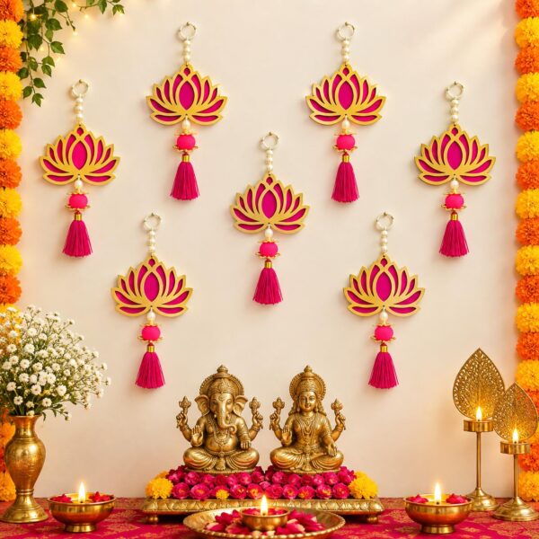 DIKANG 7pc Lotus Hanging Decoration, Pooja Mandir Decoration Items (7pc,D2)