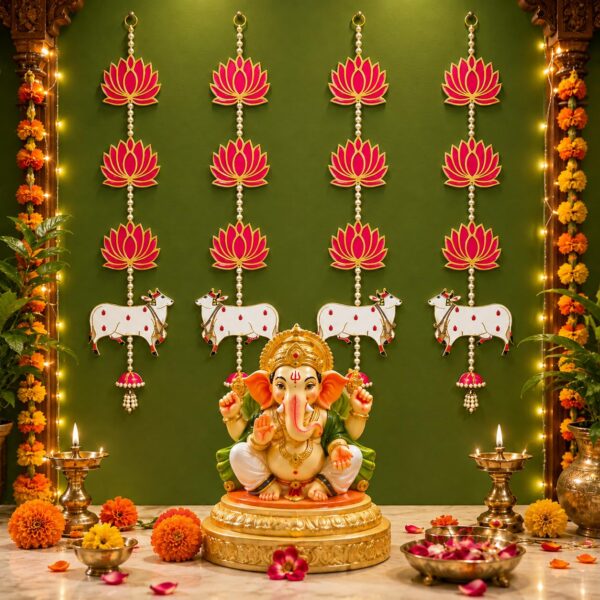 TIED RIBBONS 4 Pcs Lotus with Cow Hangings (59.6 cm Each) for Navratri Decoration Home Decor Wall Door Mandir Pooja Room Office Wedding Stage Birthday Backdrop Decorative Items for Ganesh Chaturthi