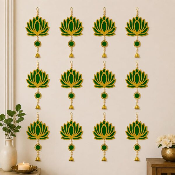 HOMESTY Wall Door Hanging Lotus Latkan Toran with Bells for Main Door Entrance Pooja Room Wall Hanging Wedding Ganpati Diwali Navratri Festival Decoration Items - Pack of 12