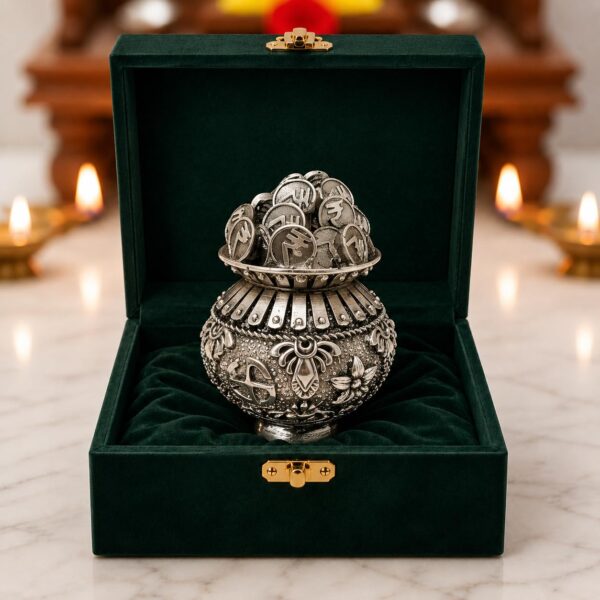Silver Plated Kuber Kalash Idol 2.5 Inch | Kubera Coin Kalasam for Pooja Room, Home Decor & Spiritual Decoration | Laxmi Kalash Festive Gift Showpiece