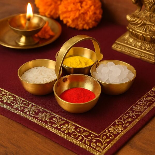 Pure Source India Pure Brass Small Pooja Roli, Chawal, Haldi, Kumkum Katori/Chawmukh with Handle for Home Mandir (8.5 X 8.5 CM) (Gold) (20 ml)