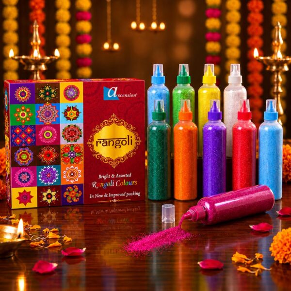Ascension Rangoli Powder Colors Bottles Design Creativity Diwali Floor Rangoli Art Ceramic Colours Rangoli Color Powder Rang for Navratri Pongal Pooja Mandir with Rangoli Design Book (Set of 10)
