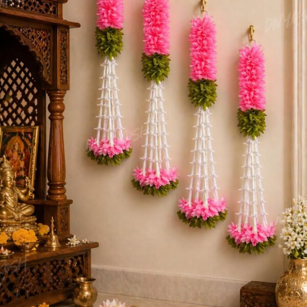 Divyakosh Hanging Gajra Set of 4 | Small 15 Inch Pink-Green Fabric Floral Wall Hangings | Temple & Pooja Room Decoration Items | Backdrop Decor for Festivals & Diwali
