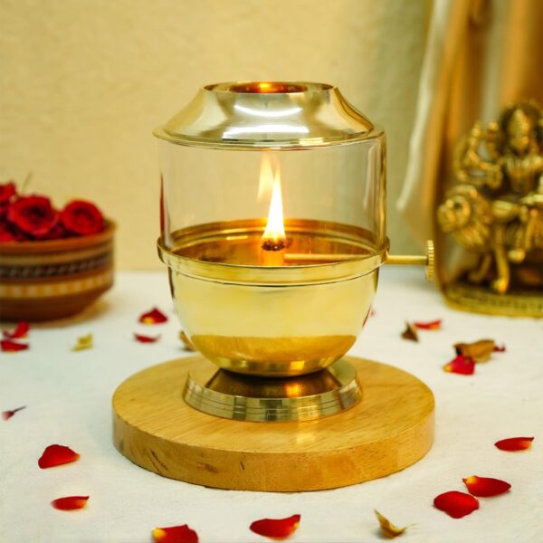 Ekhasa 100% Pure Brass Akhand Jyot Diya with Adjustable Bati Knob, Wick Lifting Screw Lever, Glass Cover (Large Size, 250 ml Oil Capacity, Stay Lit for 48 Hours, Wick Included, Authentic Borosilicate)