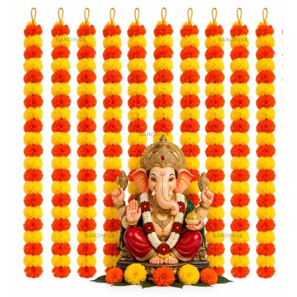 Artificial Marigold Garland for Decoration, Pack of 10 (Orange & Yellow Mix) – 4.5 Ft Genda Phool Toran, Diwali Decoration Items for Home, Ganpati, Navratri, Pooja & Wedding Home Decor