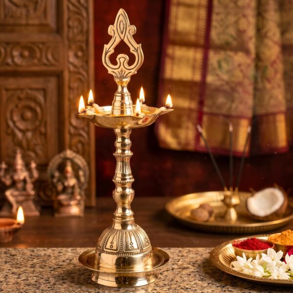 Anciently Traditional Tamil Nadu Brass Kuthu Vilakku | Authentic Prabai Diya / Deepam for Pooja Room & Home Temple Decor (Gift Item, 10.5 Inches Height,1 No)