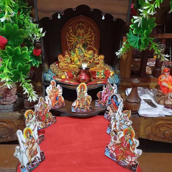 Set of 9 Pieces Nav Durga Wooden MDF Set for Navratri Decoration for Home Temple & Office Corporate Gifting (4 Inch)