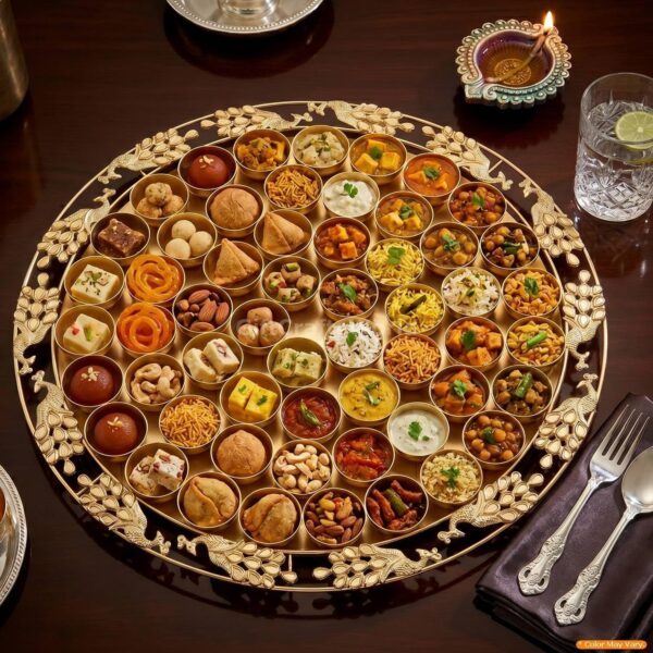 Metal Golden 48 cm Round Shape Special 56 Bhog Pooja Poojan Traditional Thali Set for Home Mandir Decorative with Peacock Border Perfect Hindu Festival Diwali Navratri Gift Item Art
