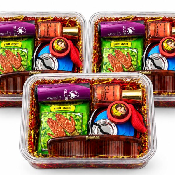 MATA Ka Shringar (Pack of 3) (16 Items) Pooja Kit Complete Shringar with Bangles, Bindi, Sindoor, Comb, Nail Polish, Lipstick, Mehendi, chunri, bali, hair clip, Hair Band & Navratna Oil for Durga Puja, Navratri, Shingar