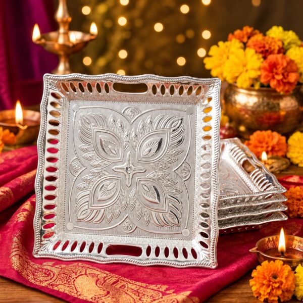 Pooja Thali Set of 4 | 10 Inch Silver Plate for Puja | Silver Decorative Plate | Pooja Thali Decorative | Traditional Gift for Diwali, Navratri, Wedding, Housewarming, Baby Shower & Festivals