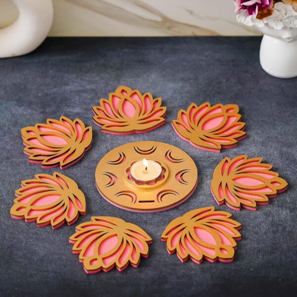 eCraftIndia Golden Pink MDF Wooden Cut Out Lotus Flower Rangoli Showpieces Tea Light Candle Holders for Diwali, Navratri Festival, Pooja, Home Decoration | Diwali Decoration Items for Home Decor