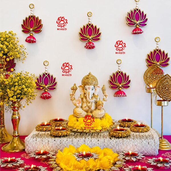 BENAVJI Home Decor Pink MDF Wood jhumki Style Lotus Pack of 6 for Diwali ganpati mandir and Pooja Rooms Festival Decoration Main Door toran Decorative wall Hanging