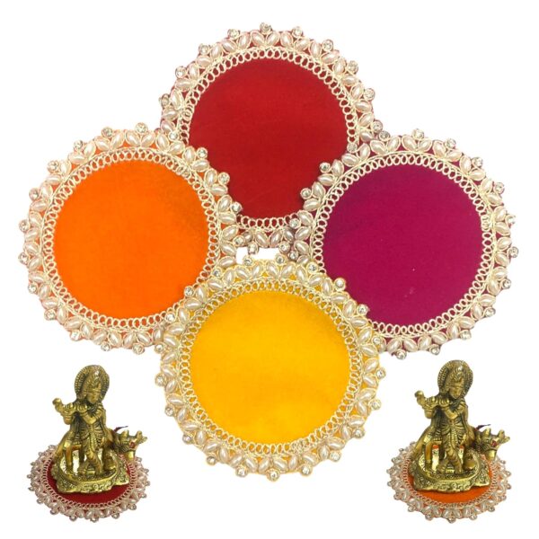 Velvet Embroidery Pooja Aasan for Temple Idols, 4X4 Inch, Multicolour Pearl Border, Pack of 4
