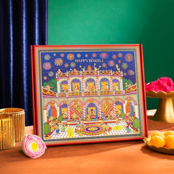 Phool 15 Item Kalamkari Diwali Utsav Gift Box Ladoo, Chikky, Laxmi Charan, Incense, Havan Cup, Candles, Diya and Decor, Premium Diwali Gift Hamper for Family, Friends & Corporate Gifting
