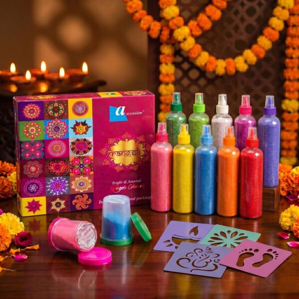 Ascension 10 Rangoli Powder Colors Bottles 4 Stencils and 2 Fillers Design Creativity Diwali Decoration Item Floor Rangoli Art Colours Rangoli Color Powder Rang for Navratri Pongal Pooja Mandir Decor