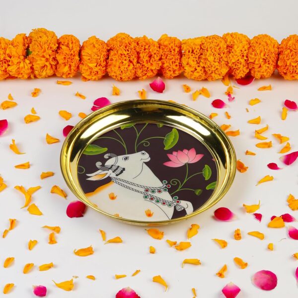 Klassic 6 Inch Brass Pooja Thali, Traditional Auspicious Pichwai Printed Design with Enamel Coating Cow with Lotus Bhog Plate for Home & Office Decoration & Gifting (Pack of 1,)