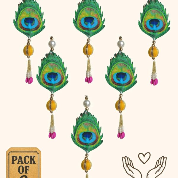 Handcrafted Decorative Wall Decor Peacock Feather Hanging Ornament for Ganpati Diwali Navratri and Pooja Setup for Home Entrance Mandir Temple Decor (Set of 6)