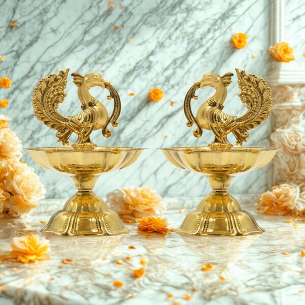 CraftVatika Pure Brass Diya, Peacock Design Brass Diya Set of 2, Kuthu Vilakku for Home Diwali Decor Items, Oil Wick Lamp Deepak Deepam Diwali Decoration Items (7 CM Height)