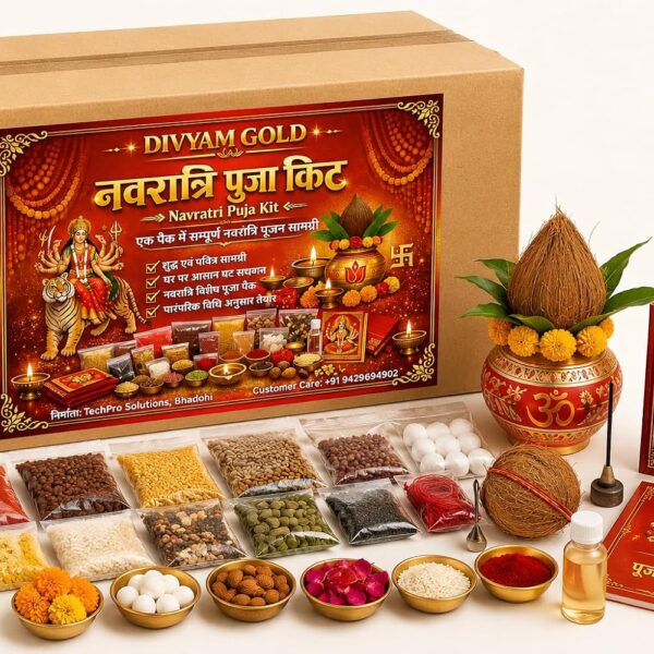 Navratri Puja Kit 50 Items – Complete Navratri Pooja Samagri Set for 9 Days, Durga Puja Kit with Ghat Sthapana, Kalash Sthapana & Hawan Samagri for Home