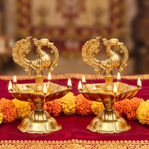 Anciently Brass Peacock Diya (8.5 CM Height, 2 Piece Combo) | Decorative Annam Vilakku Brass Oil Lamp | Traditional Annam Kuthu Vilakku for Pooja Room & Home Decor | 5-Face Mayur Deepam (Gift Item)