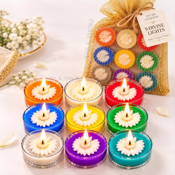 SILK & SMOKE Navratri Decoration Items, 9 Colour Floral Tea Light Candles, Candles for Decoration & Gifting, Navratri Return Gifts for Ladies, Pooja & Festive Decorations Items for Home